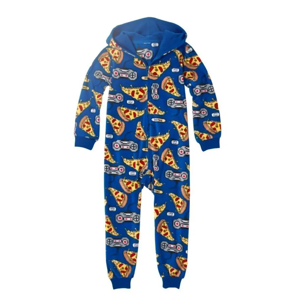 The Children’s place M 7/8 one piece pajama pizza video game hoodie fleece sleep